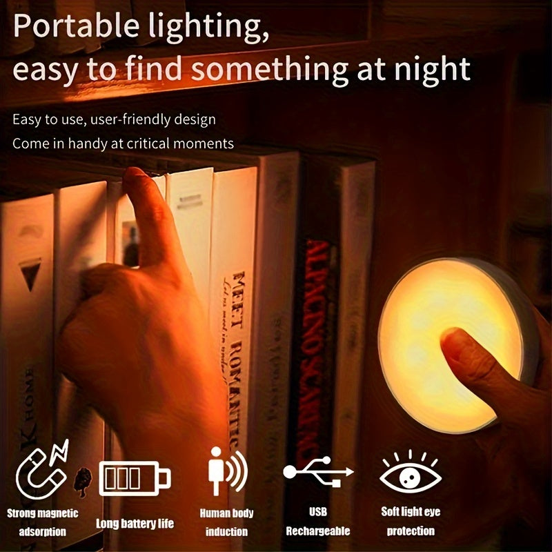 6 USB rechargeable LED lights with motion sensor for reading and home decoration in living room, office, and nursery.