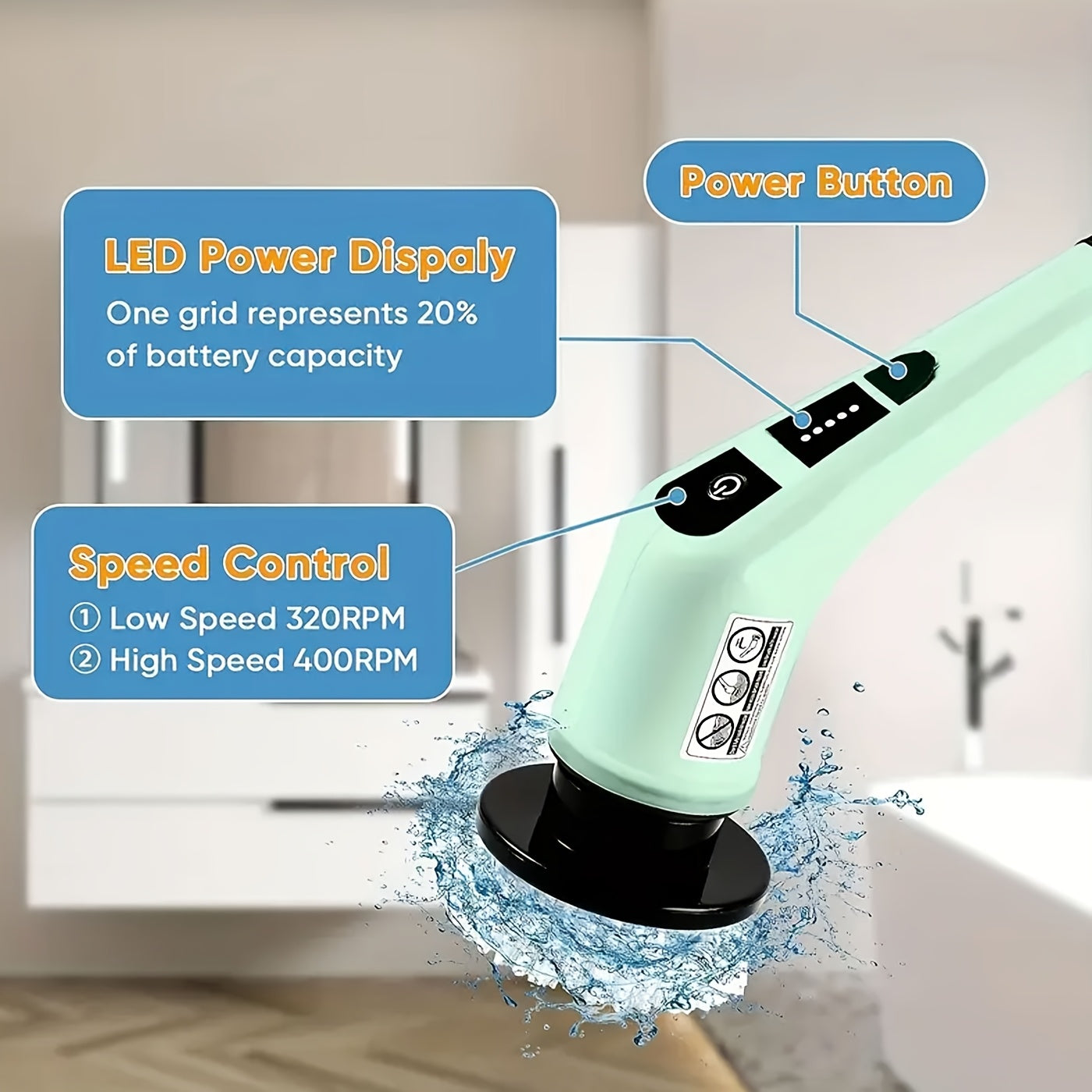 The Cordless Electric Rotating Cleaning Brush includes a battery indicator, seven interchangeable brush heads, dual speed settings, and a detachable telescopic handle, ideal for use in kitchens, living rooms, and bathrooms.