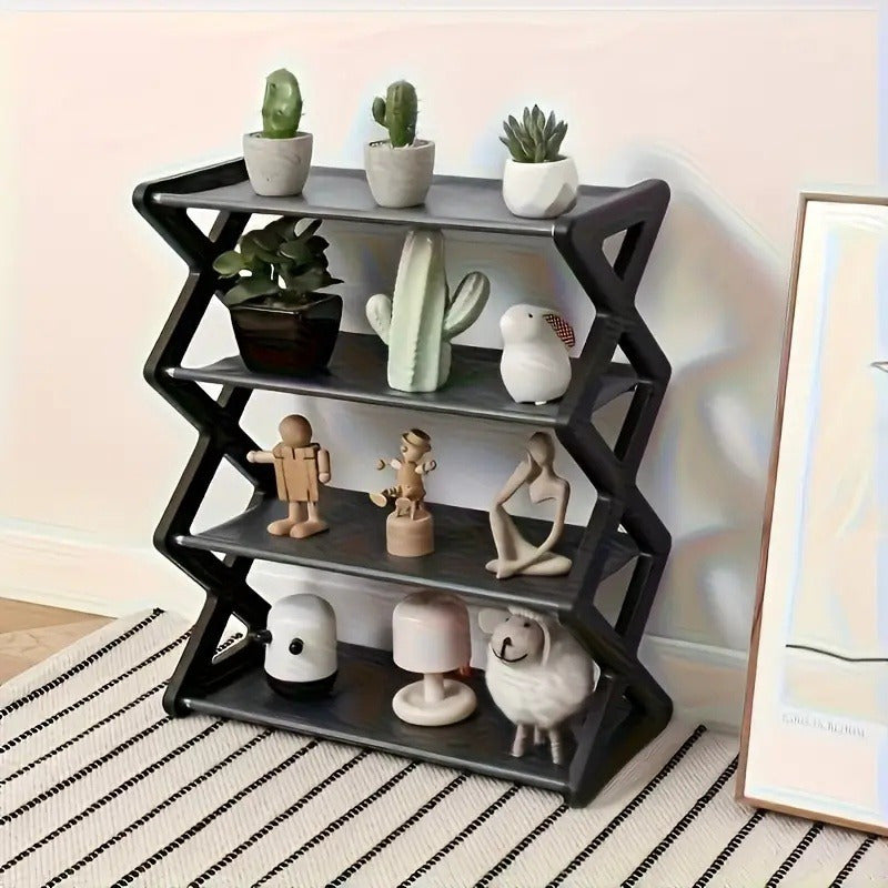 Contemporary Black Plastic Shoe Rack Organizer with 4 Tiers, Foldable Design for Space-Saving. Sturdy Frame, No Electricity Required. Perfect for Closet, Entryway, Bedroom, Floor, or Outdoor Use.