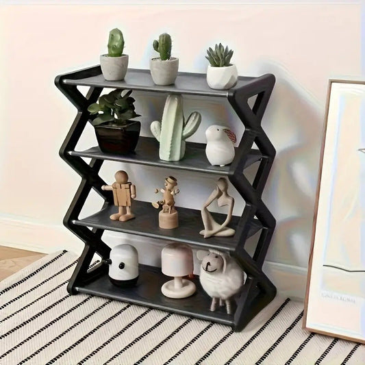 Contemporary Black Plastic Shoe Rack Organizer with 4 Tiers, Foldable Design for Space-Saving. Sturdy Frame, No Electricity Required. Perfect for Closet, Entryway, Bedroom, Floor, or Outdoor Use.