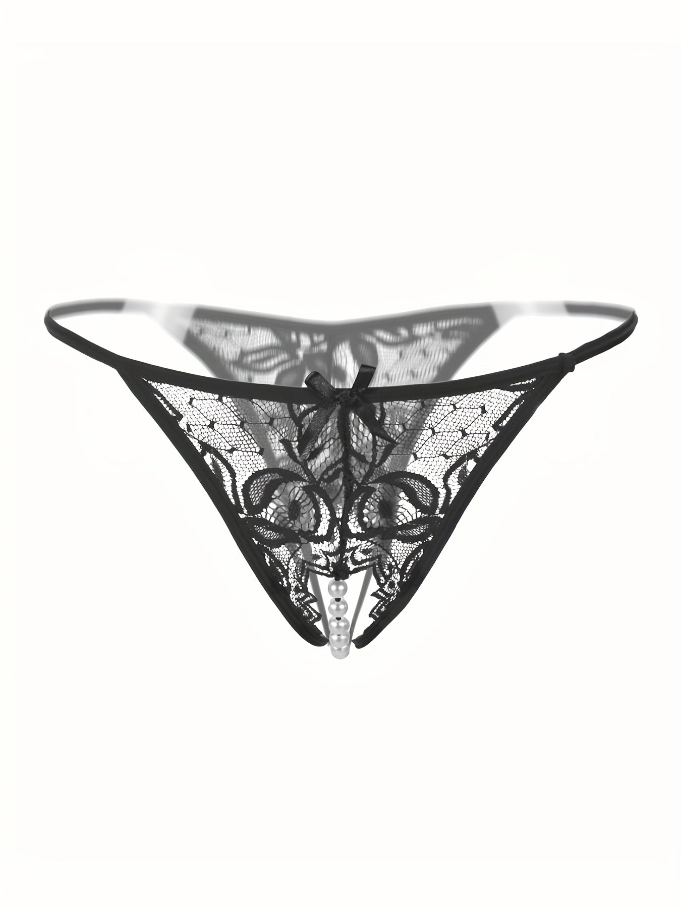 Floral lace thongs with faux pearl detail and open crotch - sexy and comfortable lingerie