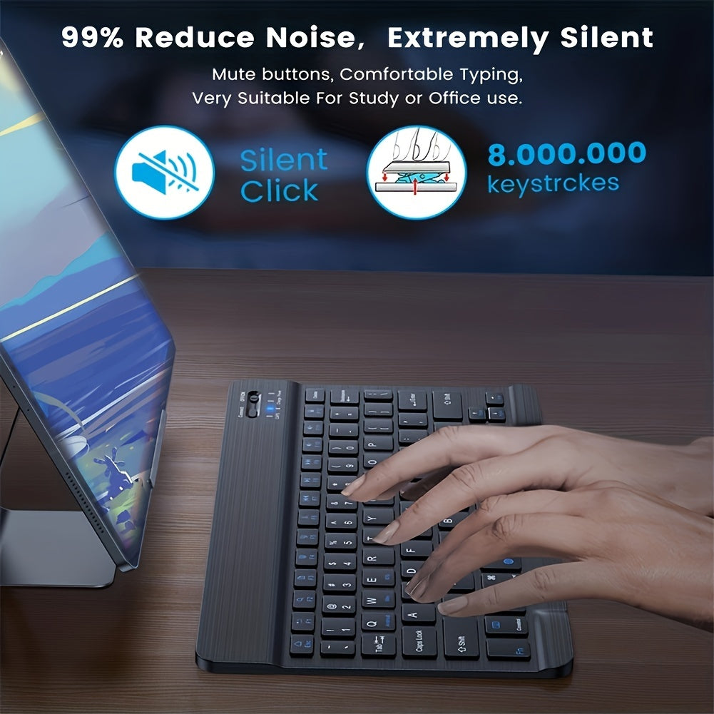 Portable mini wireless keyboard and mouse combo with slim design, rechargeable lithium-polymer battery, and compatibility with various devices. Features optical movement detection, silent