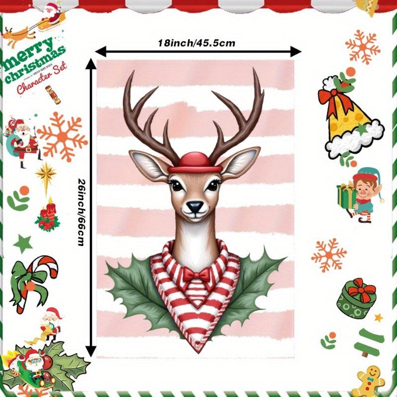 One piece of décor measuring 18 by 66.04 cm, featuring various holiday elements such as snowflakes, a Christmas tree, a deer, a snowman, a farmhouse, and Santa Claus. ADBUX included.