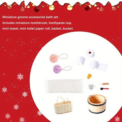 Miniature Bathing Set Accessories includes toothpaste, toothbrush, sponge, bucket, and toilet paper rolls for Christmas decorations and fairy garden, suitable for ages 3-6, no electricity required.