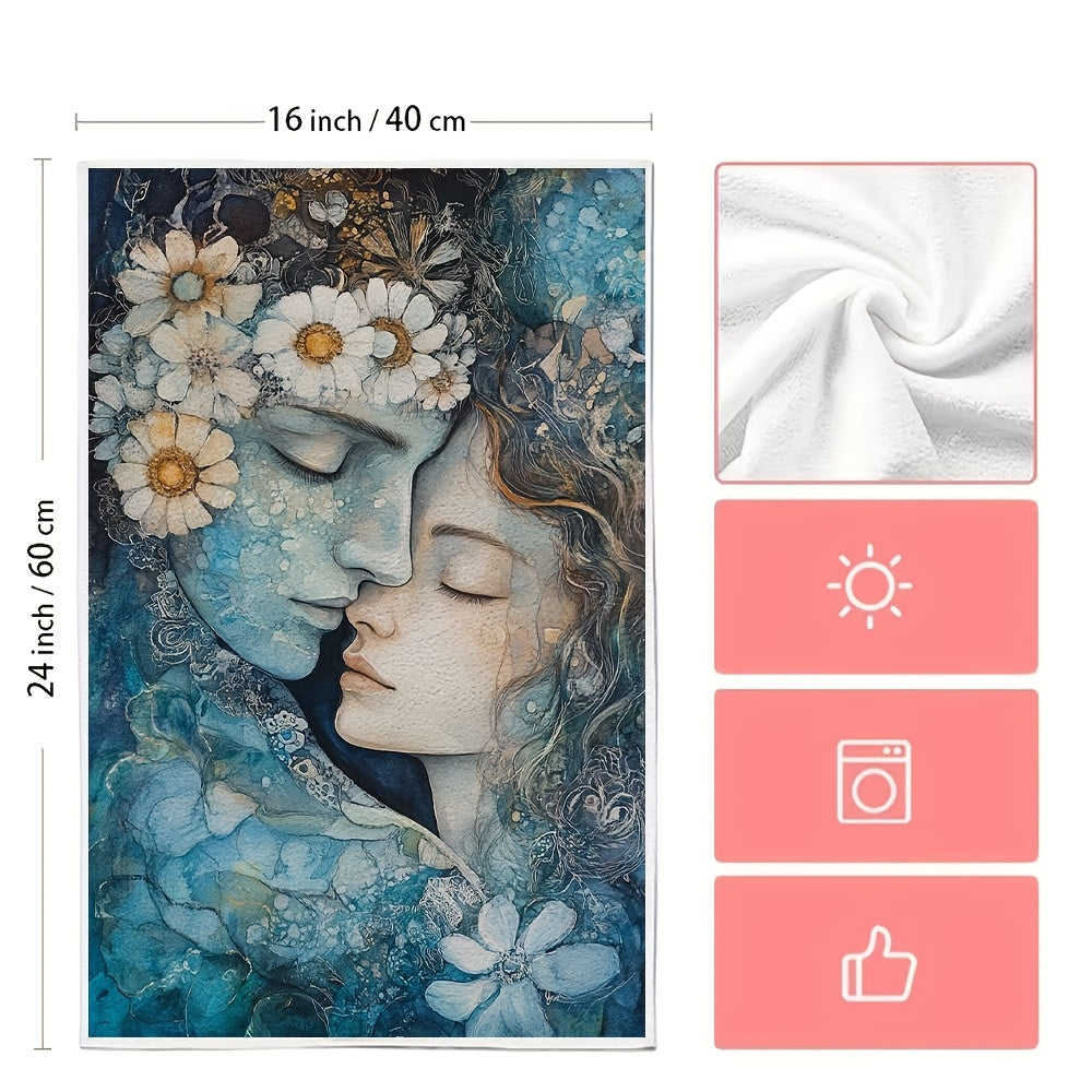 Two pieces of ultra soft kitchen towels featuring the "Serenity of Love" artistic design. These highly absorbent and machine washable dish hand towels measure 40.64x60.96 cm. Perfect for contemporary coastal decor, these towels feature a floral and