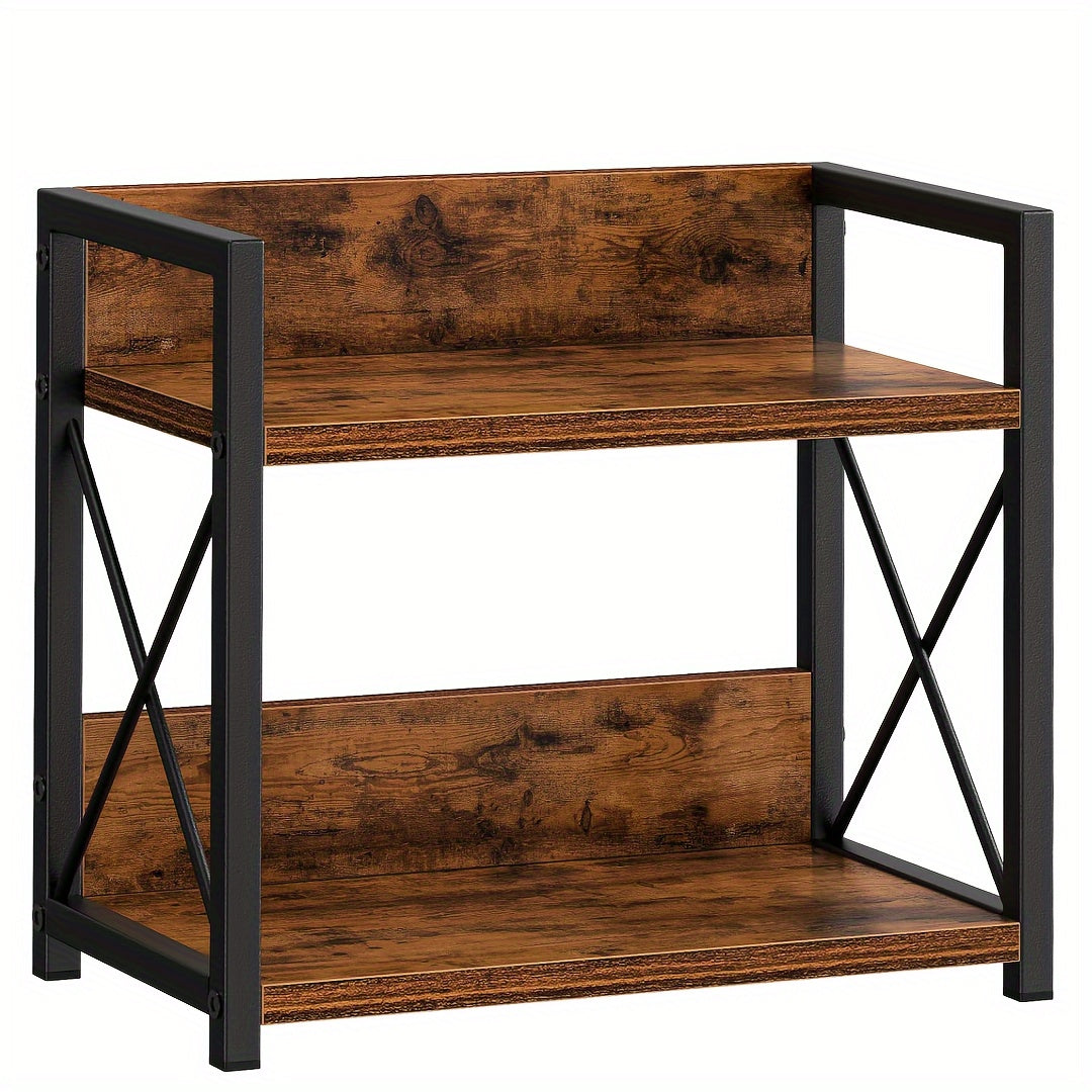 Convenient and charming country brown countertop organizer with two tiers - made of wood and metal. This handy kitchen spice rack also functions as an open coffee station storage shelf. Ideal for enhancing home decor and gifting.