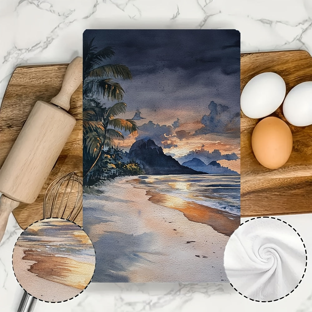 Set of 2 Ultra Soft Kitchen Towels featuring a Tropical Beach Sunset Scene. These towels are highly absorbent and machine washable, measuring 40.64x60.96 cm. Perfect for holiday decor and as dish towels.