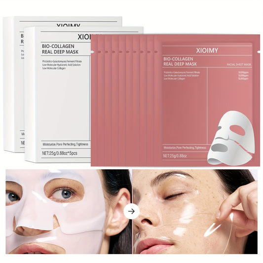 10pcs of Bio-Collagen Moisturizing Masks deeply hydrate and brighten skin, combating dryness and sagging. Rich in Bio-Collagen for optimal facial care.