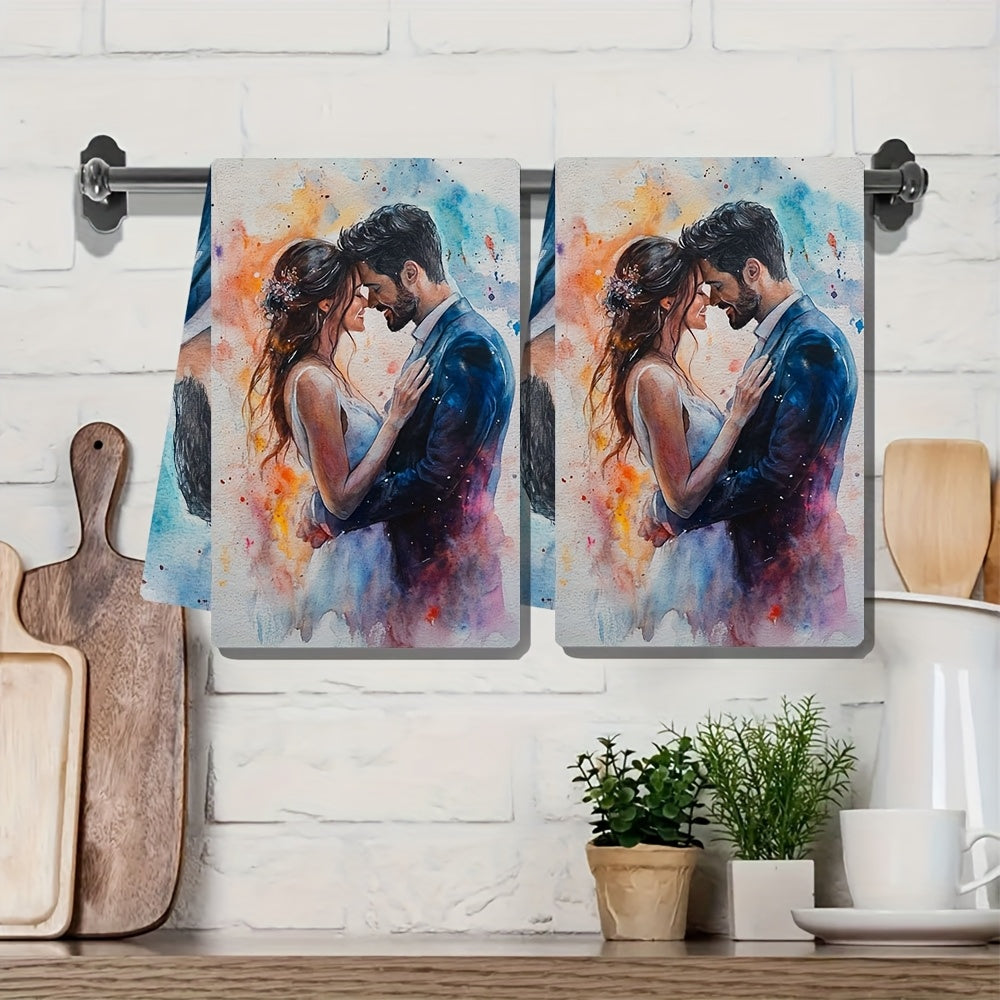 Two pieces of romantic watercolor couple kitchen towels.
These towels are ultra soft and highly absorbent, made of polyester.
With dimensions of 40.64x60.96 cm, they are perfect for drying dishes.
They are machine washable and feature vibrant holiday