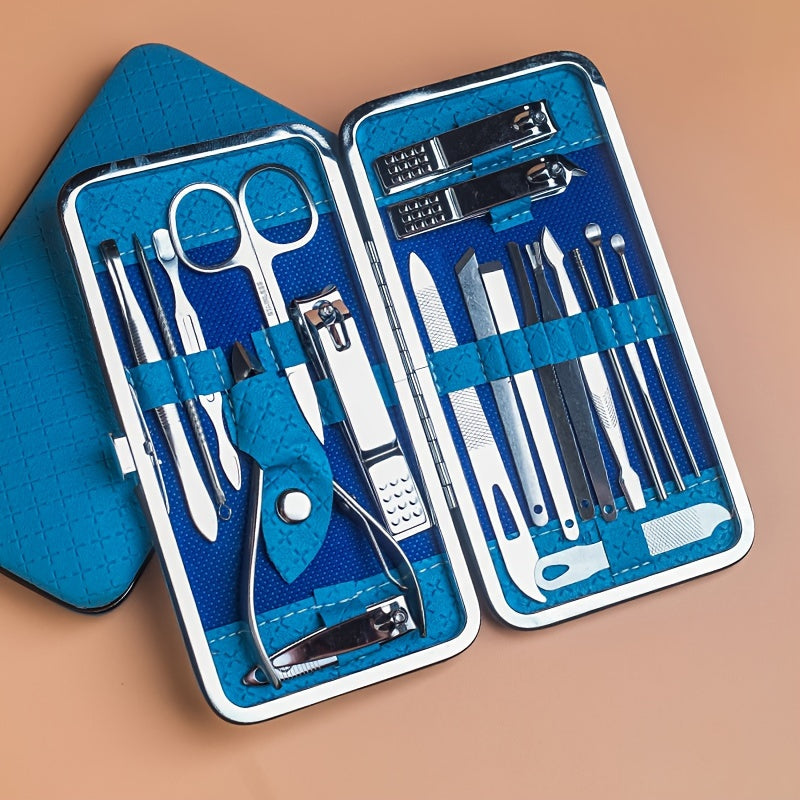 Manicure and pedicure set with nail clippers, files, ear spoon, and portable case for nail care at home or on-the-go.