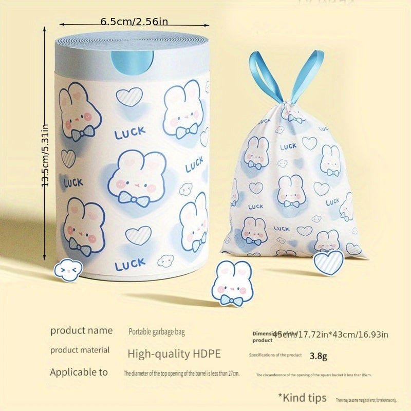 Pack of 100 adorable rabbit print drawstring trash bags, perfect for kitchen use. Made of disposable plastic, these garbage bags are ideal for various household tasks. Featuring a thickened design for durability.