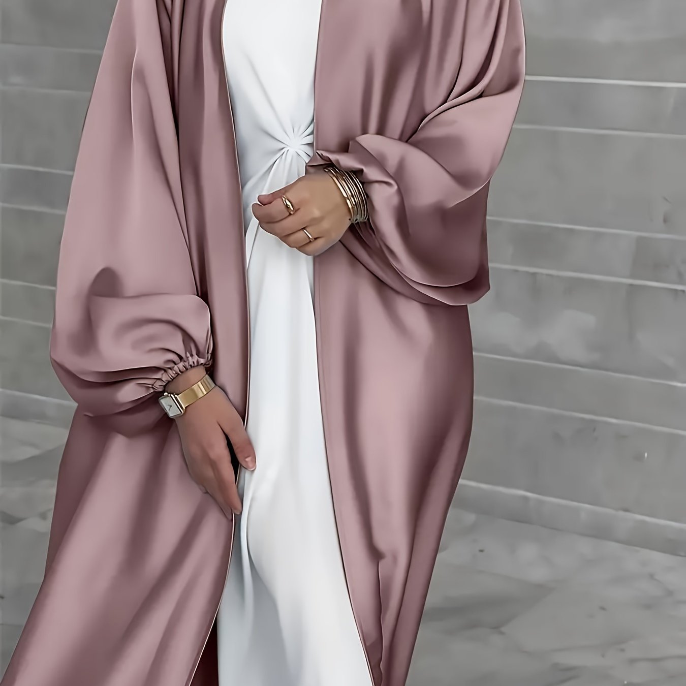 Long, elegant dress with puffed sleeves, slit hem, belt, and regular fit suitable for all seasons. Made of solid color, non-stretch polyester.