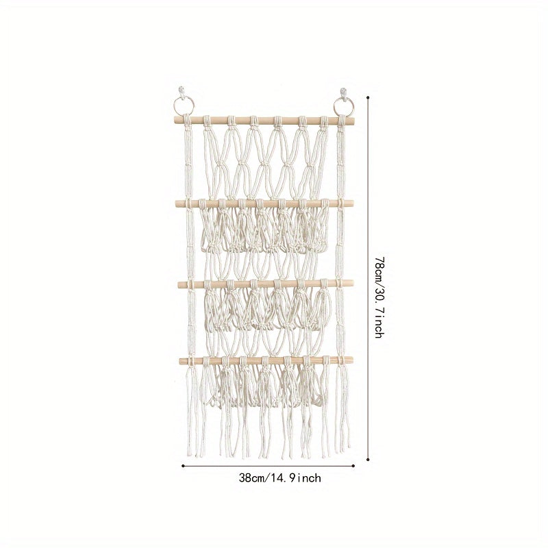 Wooden macrame organizer for toys and plush animals, children's nursery decor, playroom hammock, bedroom accessory, and craft supply organizer for boys and girls.