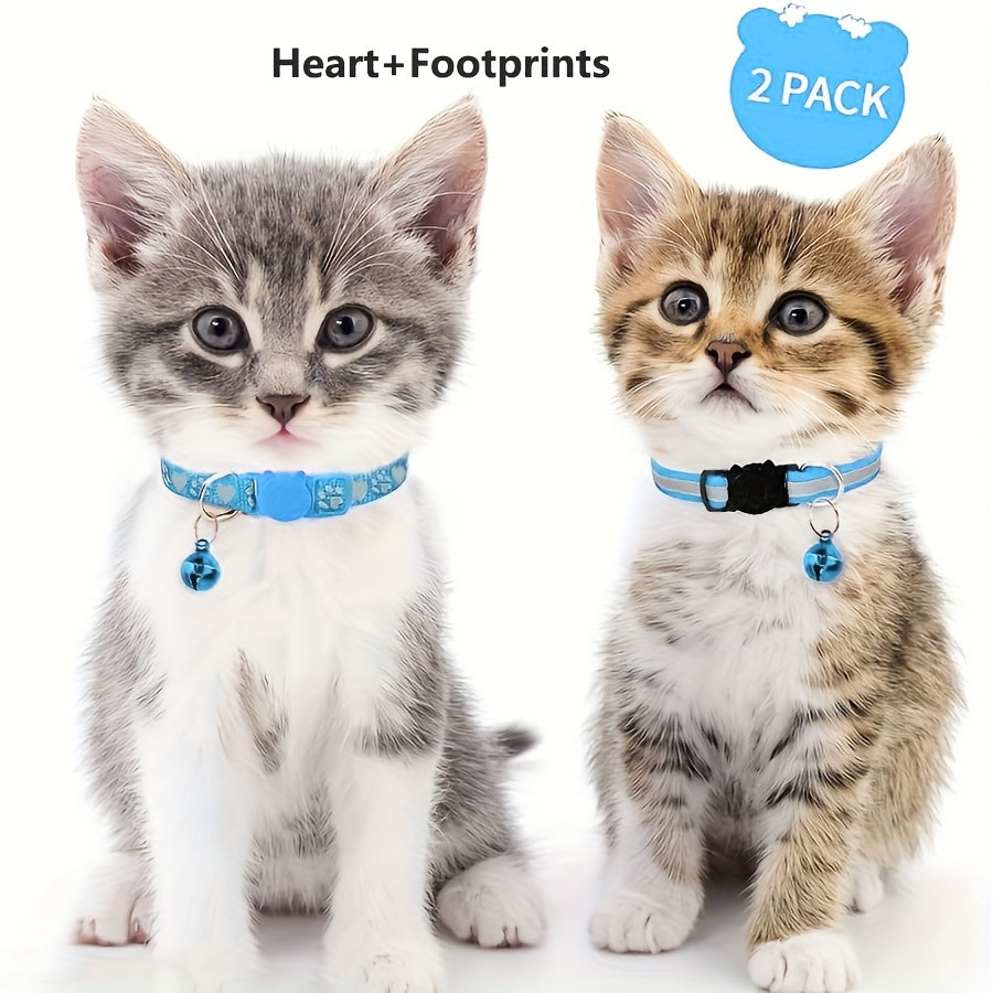 Reflective cat collars with footprints, bells, and breakaway design for kittens - 2 pieces, geometric pattern, polyester.