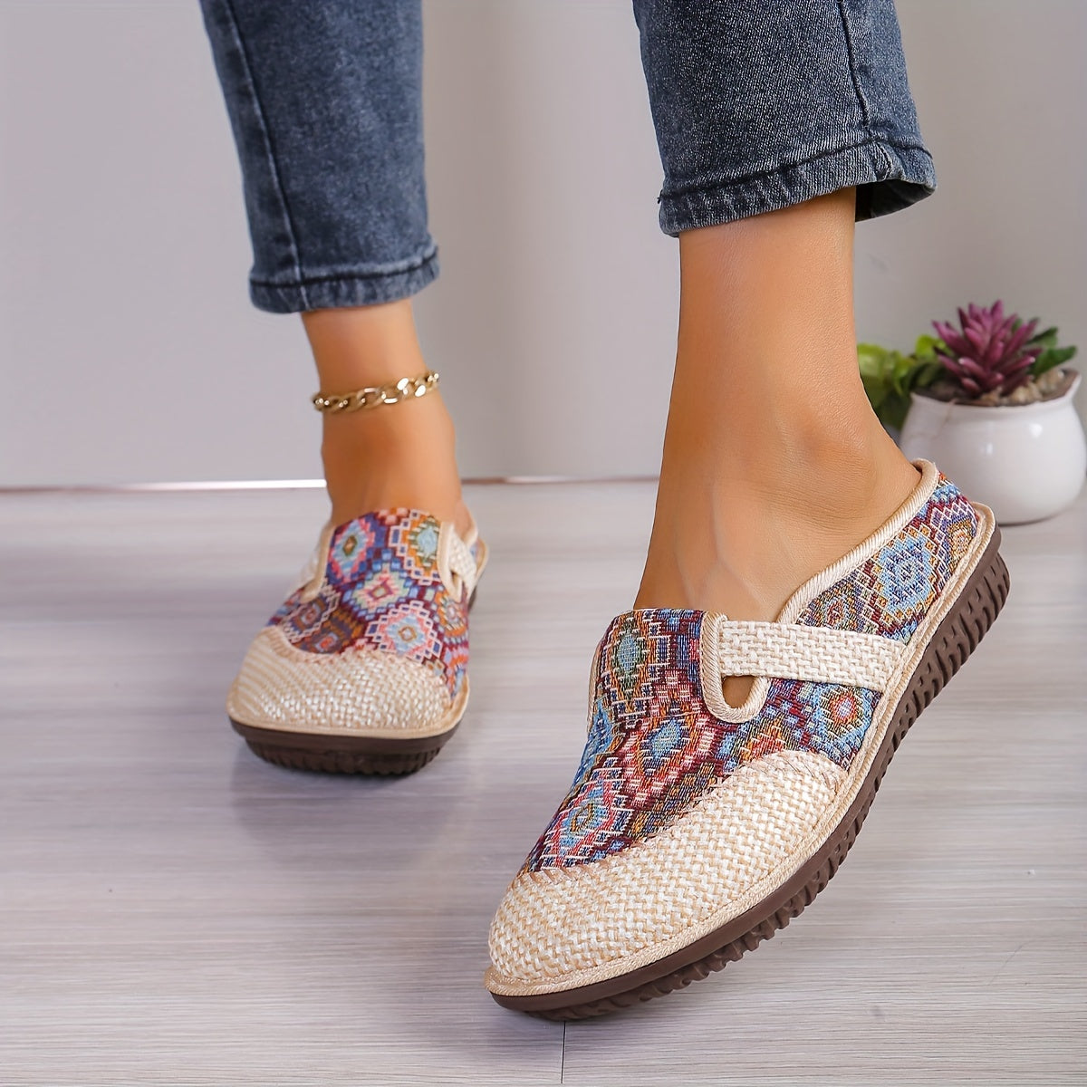 Geometric Closed Toe Mules for Women, Round Toe Non-slip Linen Cloges