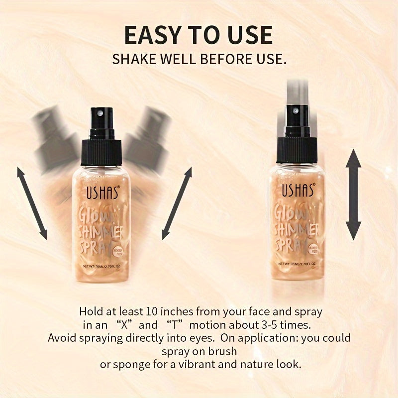 Glow Shimmer Spray: Waterproof liquid highlighter for face and body, provides long-lasting radiance. Easy application with spray nozzle, perfect for music festivals.