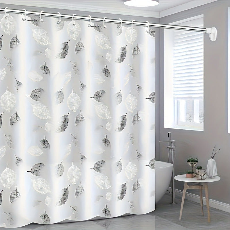 Leaf pattern shower curtain with metal grommets, easy to clean, includes hooks, ideal for bathroom decor and gift-giving.