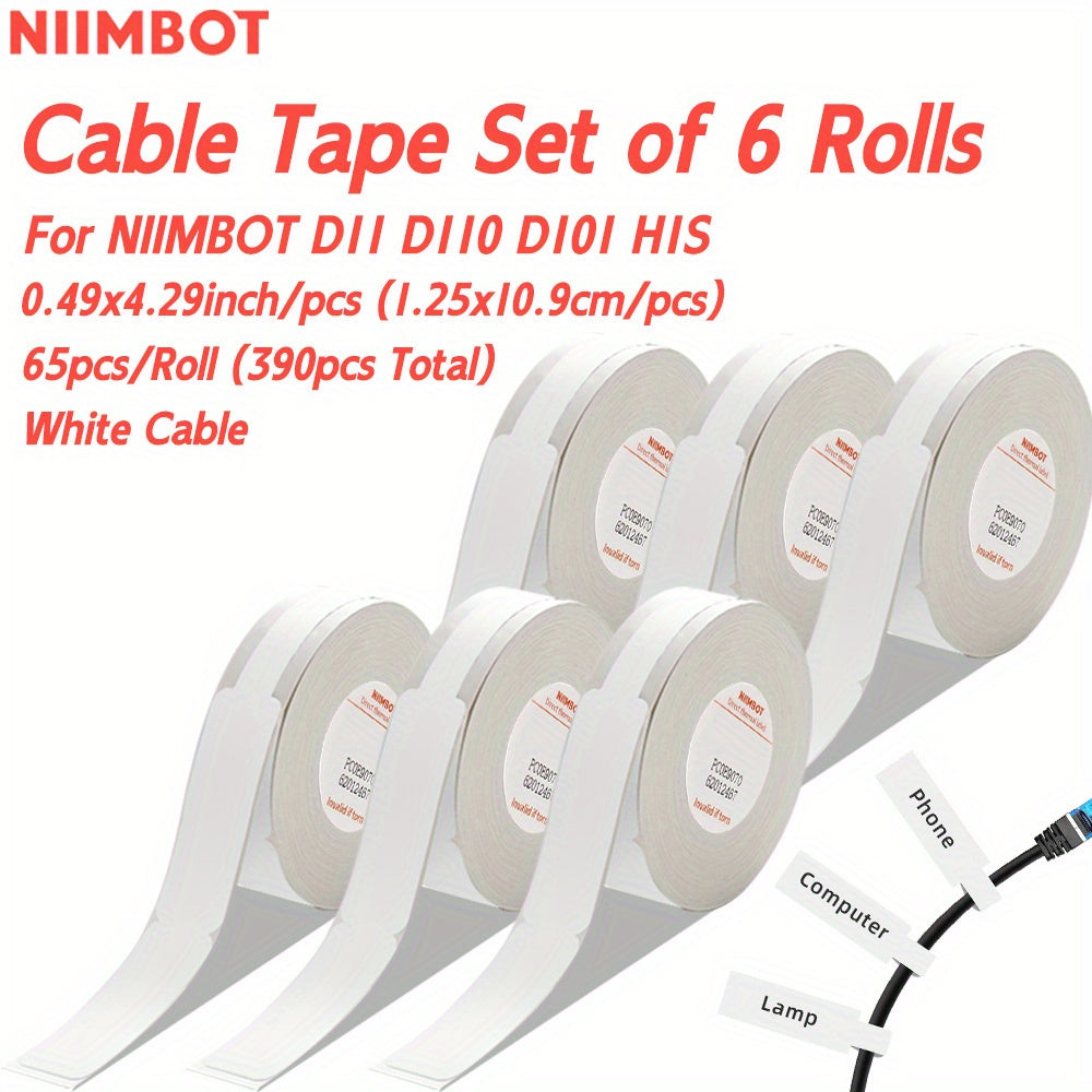 High-quality 6-piece NIIMBOT Thermal Label Tape Set for D11, D110, D101, H1S Printers. Features 1.19x10.9cm white labels with automatic identification chip. Ideal for home, school, office