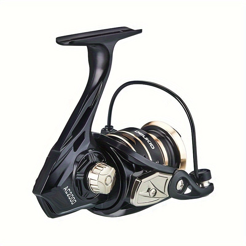 DEUKIO Ambidextrous Spinning Fishing Reel in black with 5.2:1 gear ratio and durable metal construction, suitable for both freshwater and saltwater angling.