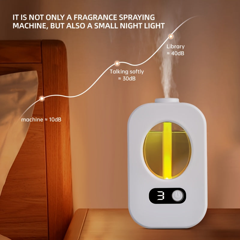 USB rechargeable perfume spray machine with aromatherapy diffuser, night light, and wall-mount or standalone options. Provides long-lasting fragrance and odor elimination for home and