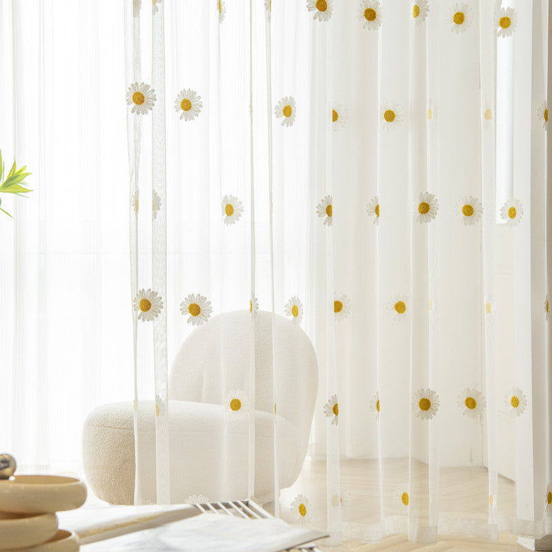 Yellow Daisy Pattern Tulle Curtain Sheer Panel with Embroidered Country Flowers Design, Grommet Top Window Treatment for Kitchen, Restaurant, or Home Decor