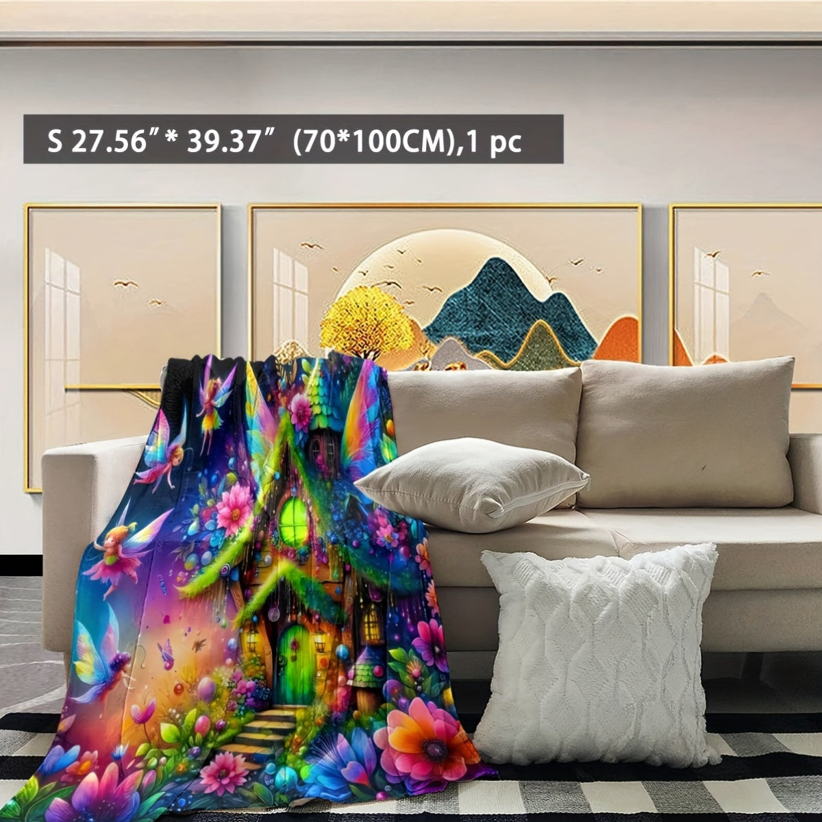 Contemporary Geometric Fantasy Fairy House Digital Print Blanket - Suitable for All Seasons, Made of 100% Polyester, Lightweight 200-250g, 65" x 65" (165cm x 165cm)