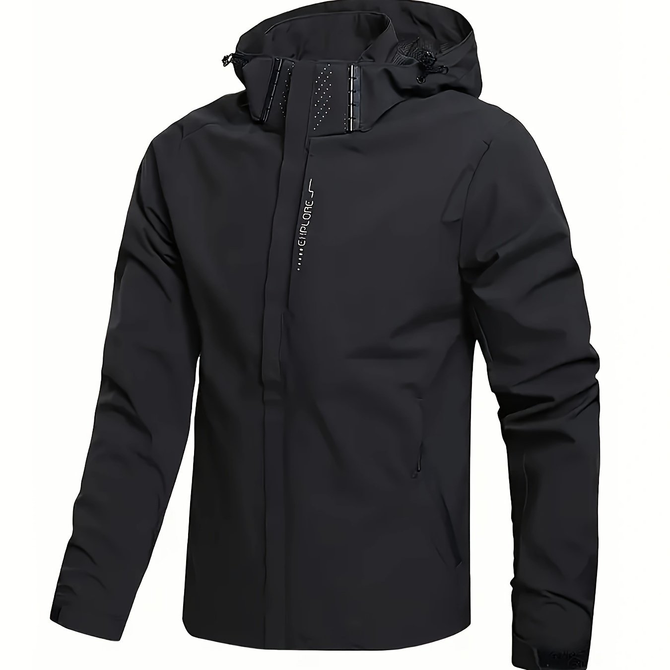 Men's casual windbreaker jacket made of 100% polyester with an alphabet pattern, zippered pockets, and detachable hood for all-season outdoor wear.