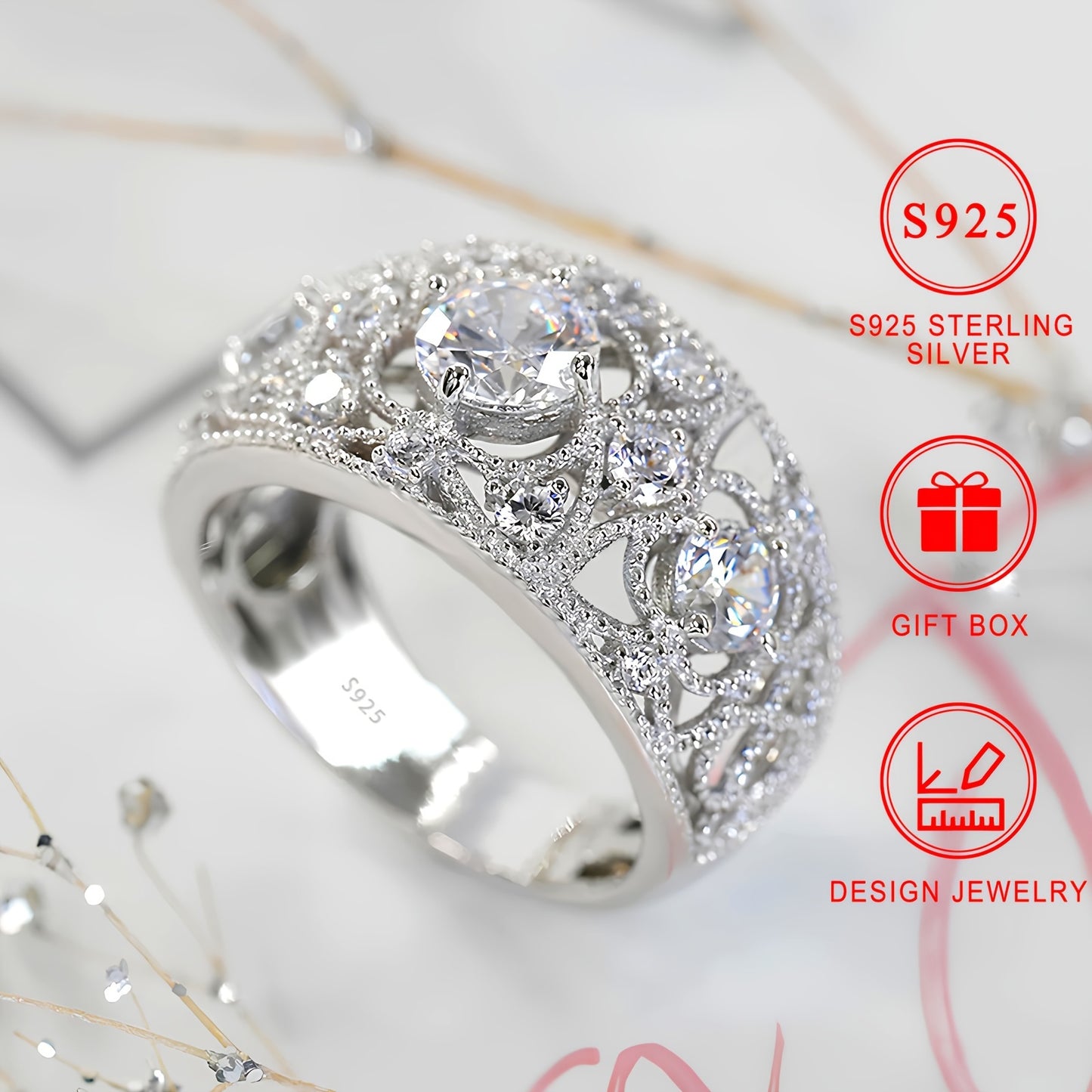 4.5g nickel-free S925 silver luxury ring with synthetic zirconium for women's fashion. High quality, suitable for daily wear, parties, holidays. Comes in a gift box.