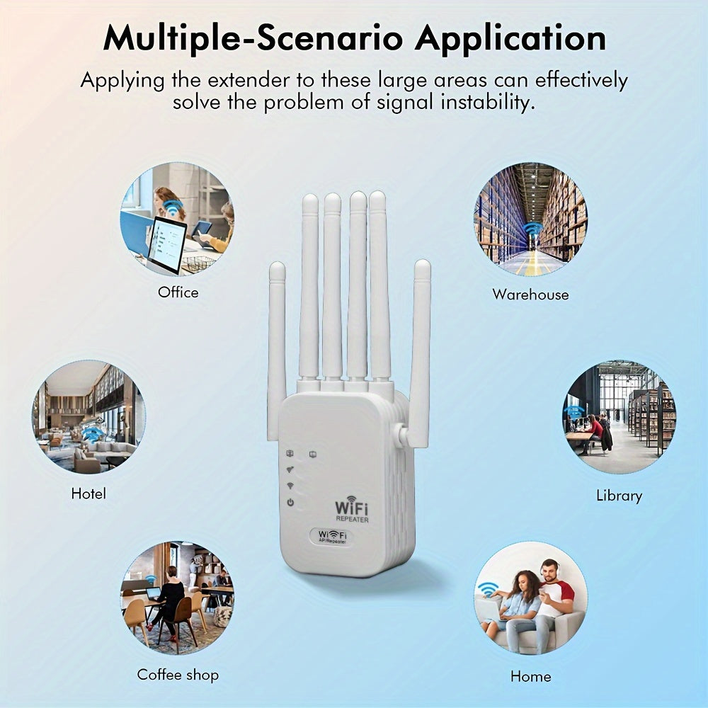 1 Momotor WiFi Extender boosts 2.4GHz signal with Ethernet port, power supply, European plug, non-waterproof design, and AP/Repeater modes for various settings.