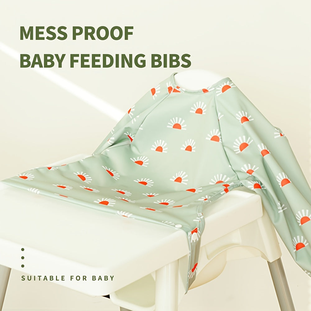 1 piece of Long Sleeves Bib with a Food Catcher, Waterproof Coverall Bib, Easy-to-Clean Weaning Bib suitable for use during feeding in highchairs, pushchairs, or at the table. This bib is machine washable for easy maintenance.