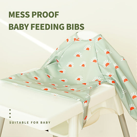 1 piece of Long Sleeves Bib with a Food Catcher, Waterproof Coverall Bib, Easy-to-Clean Weaning Bib suitable for use during feeding in highchairs, pushchairs, or at the table. This bib is machine washable for easy maintenance.