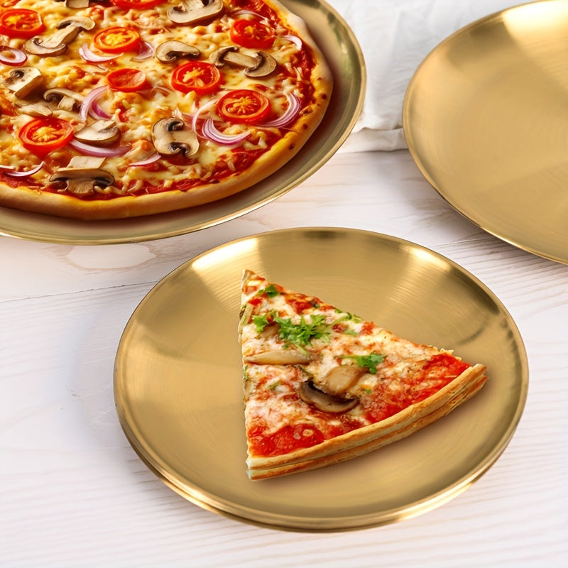 Multipurpose Stainless Steel Serving Platter in Elegant Gold Finish - Suitable for Pizza, Desserts, Steak, and More - Great for Holiday Gatherings - Round Tray for Home, Kitchen, or Restaurant - Safe for Serving Food