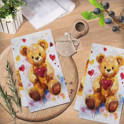 This set includes 2 ultra-soft kitchen towels with a cute Valentine's Day teddy bear design. They are highly absorbent and ideal for holiday decorating. These towels are machine washable and measure 40.64x60.96 cm.