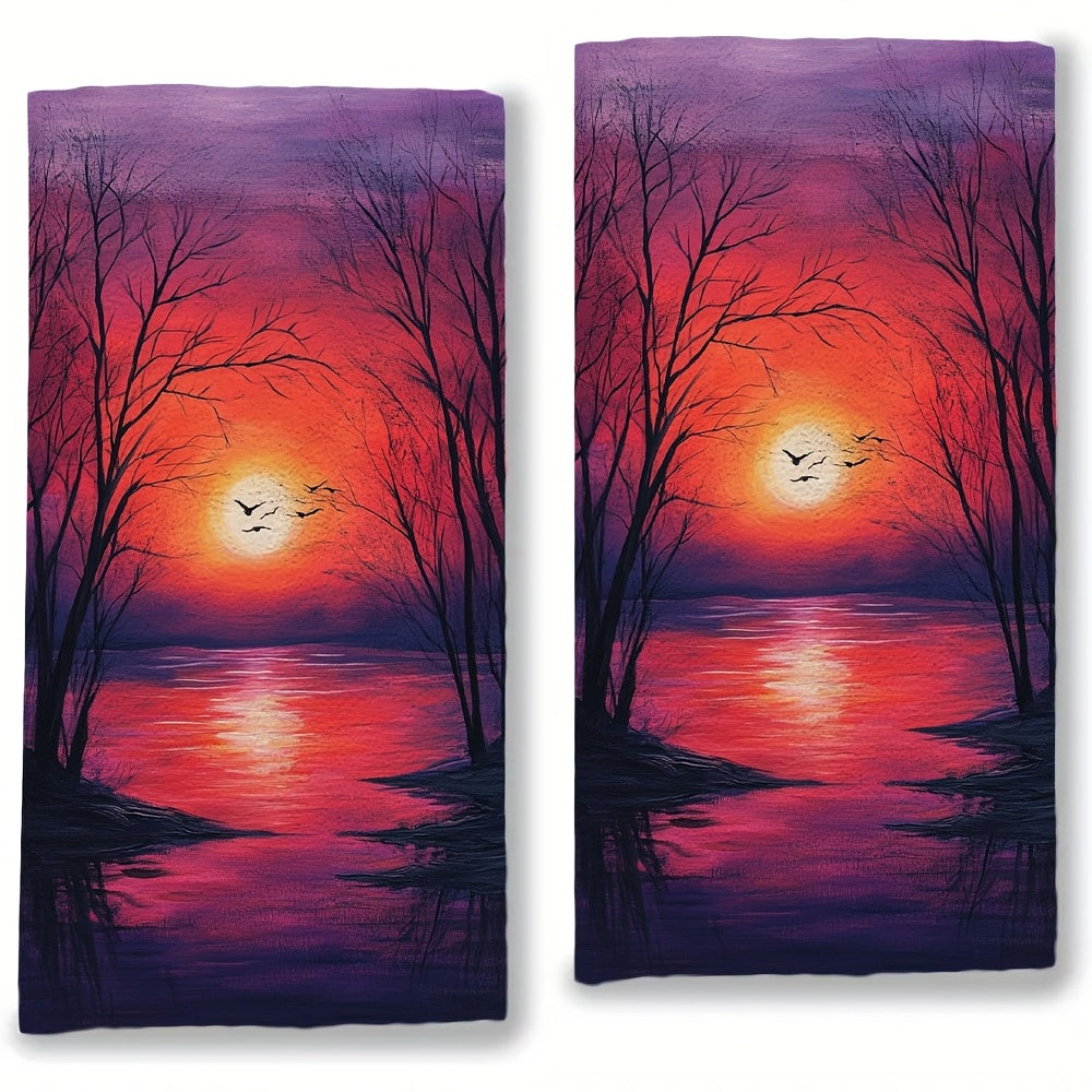 Set of 2 Ultra Soft Kitchen Towels featuring Vibrant Winter Sunset & Moonlit River Scenes. These highly absorbent polyester dish hand towels are machine washable and measure 40.64x60.96 cm. Perfect for Holiday Decor and everyday use in the kitchen.