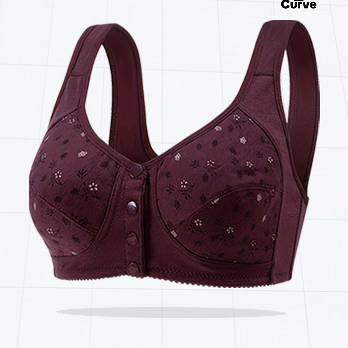 Plus size printed front button sports bra for women's yoga and exercise wear.