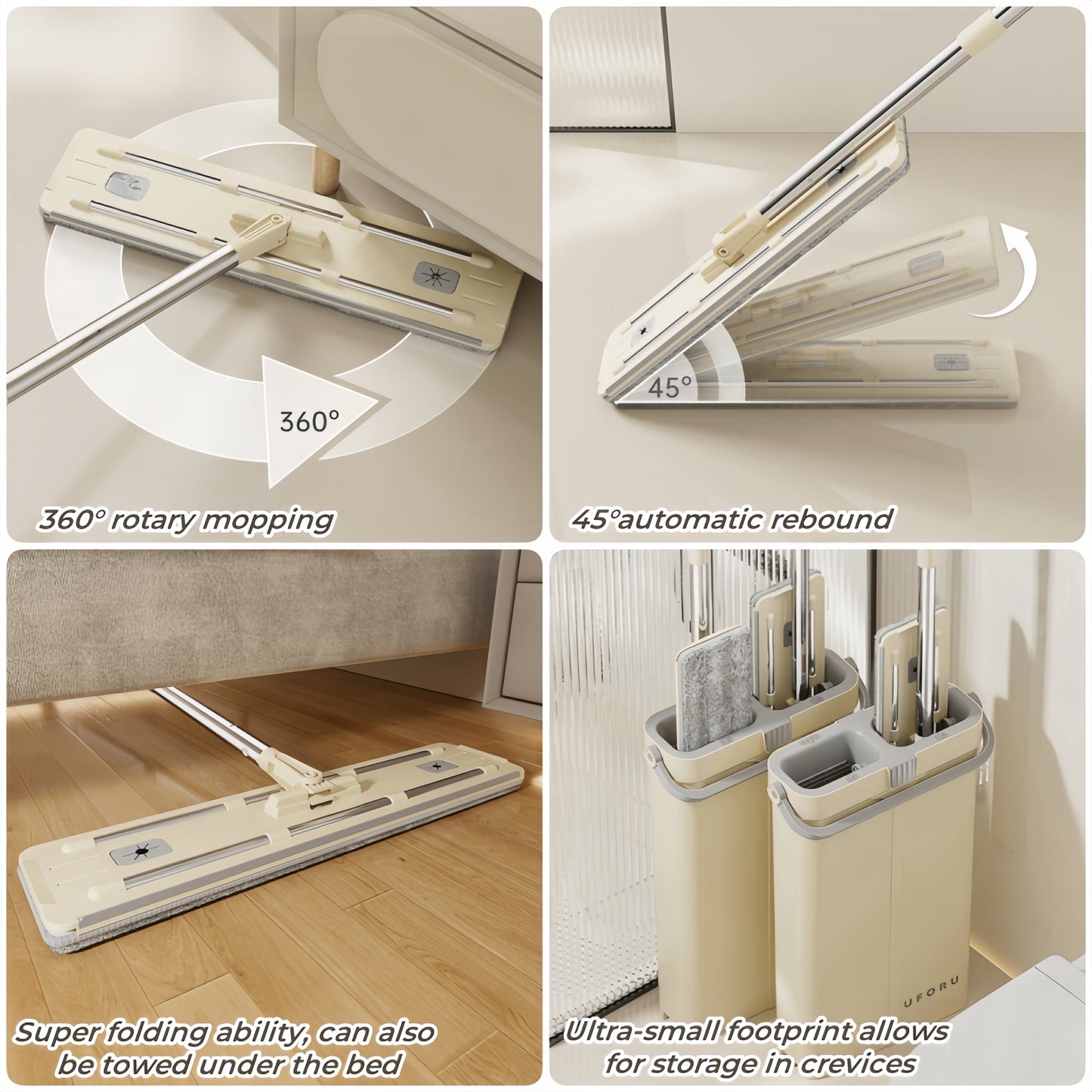 Upgrade your cleaning routine with the UFORU Spray Mop Set featuring a self-washing and drying system. Made of durable ABS material, this multifunctional wet and dry floor mop comes with reusable microfiber pads for efficient cleaning on all floor types