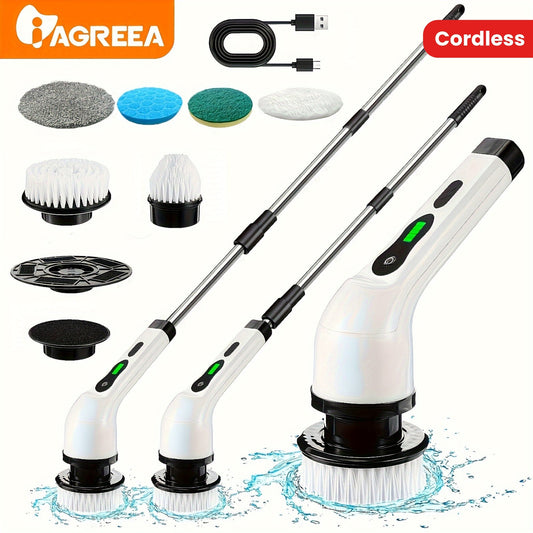 Get ready for the IAGREEA Electric Cleaning Brush! This rotary floor scrubber comes with 6 replaceable brush heads, an adjustable extension handle, and cordless 360-degree cleaning for your bathroom, bathtub, and tiles. Say goodbye to dirt and grime with