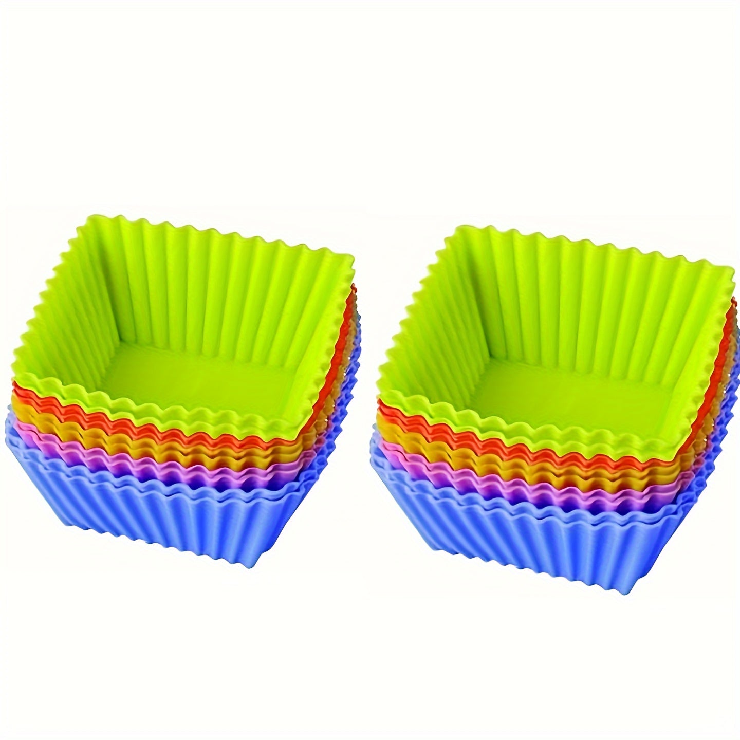 Reusable non-stick silicone baking cups for muffins and cupcakes, sold in packs of 12 or 24.