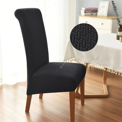 High-back dining chair cover with elegant Jacquard design, stretchable spandex material, ideal for kitchen, hotel, and banquet use. Solid color, easy to clean in the washing machine.