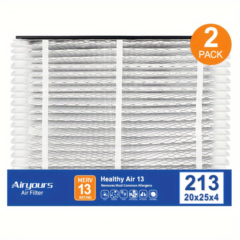 Two pieces of Airyours 213 Replacement Filters designed for AprilAire Whole House Air Purifiers. These MERV 13 filters are designed to provide clean air and capture dust particles. Each filter measures 20x25x4 inches. This pack includes two filters.