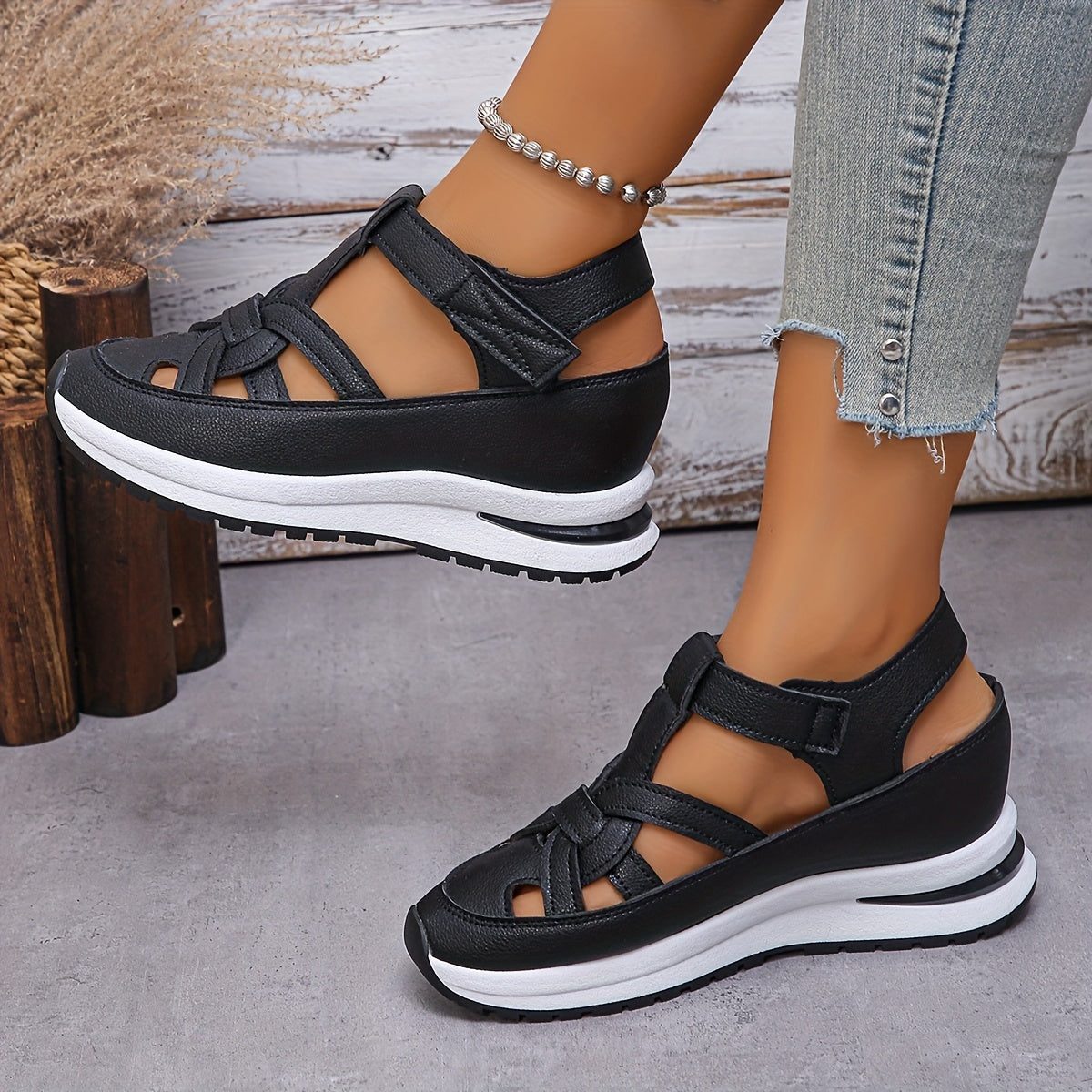 Women's fashion sneakers with solid color, platform heel, magic tape closure, man-made materials, and rubber outsole.