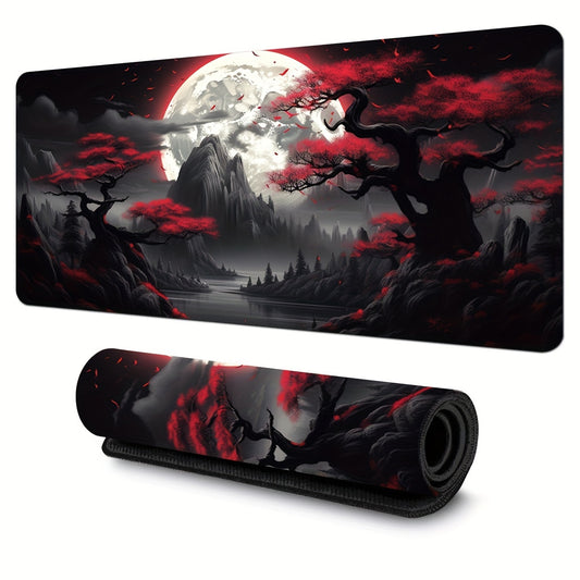 Large gaming mouse pad with dark red moon design and non-slip surface, perfect as a gift for teens or significant others.