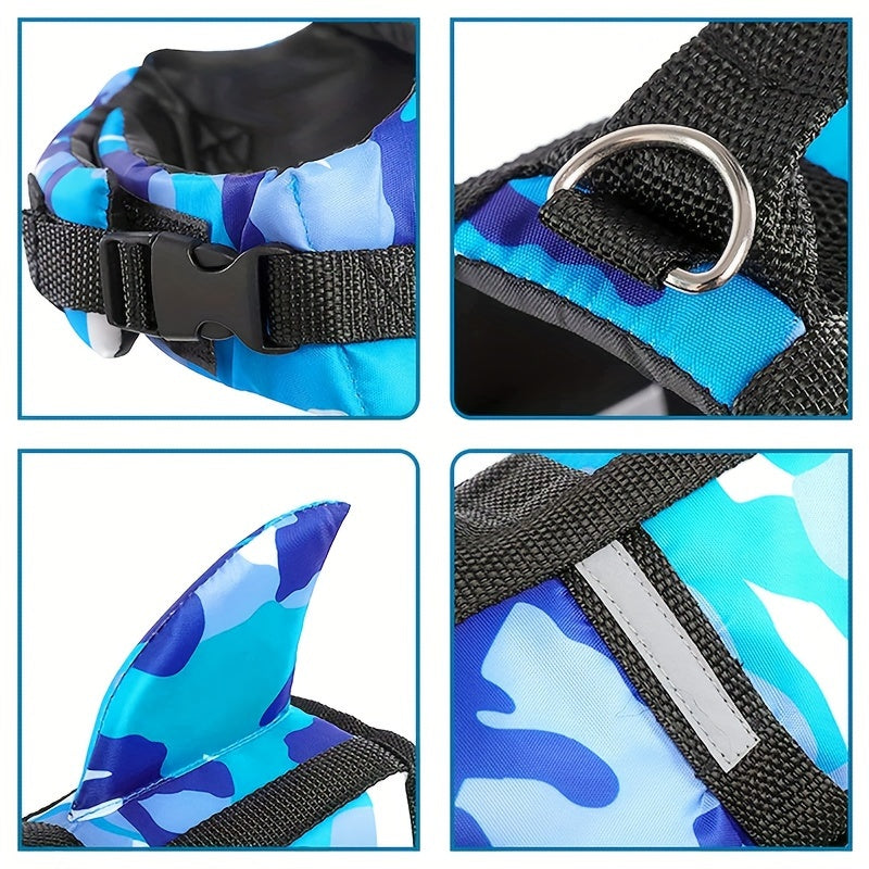 Adjustable lightweight dog life vest with rescue handle, featuring shark design for outdoor surfing and beach activities.