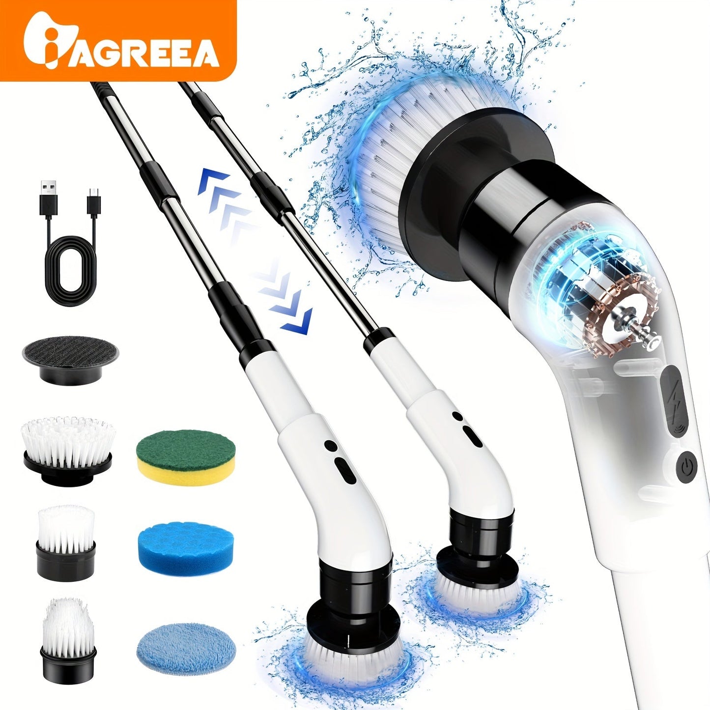 Introducing the IAGREEA Electric Rotating Washer, an innovative cleaning tool with 3 adjustable speeds. This cordless electric rotating brush comes with 9/6 interchangeable brush heads and an adjustable extended handle. Perfect for cleaning tiles