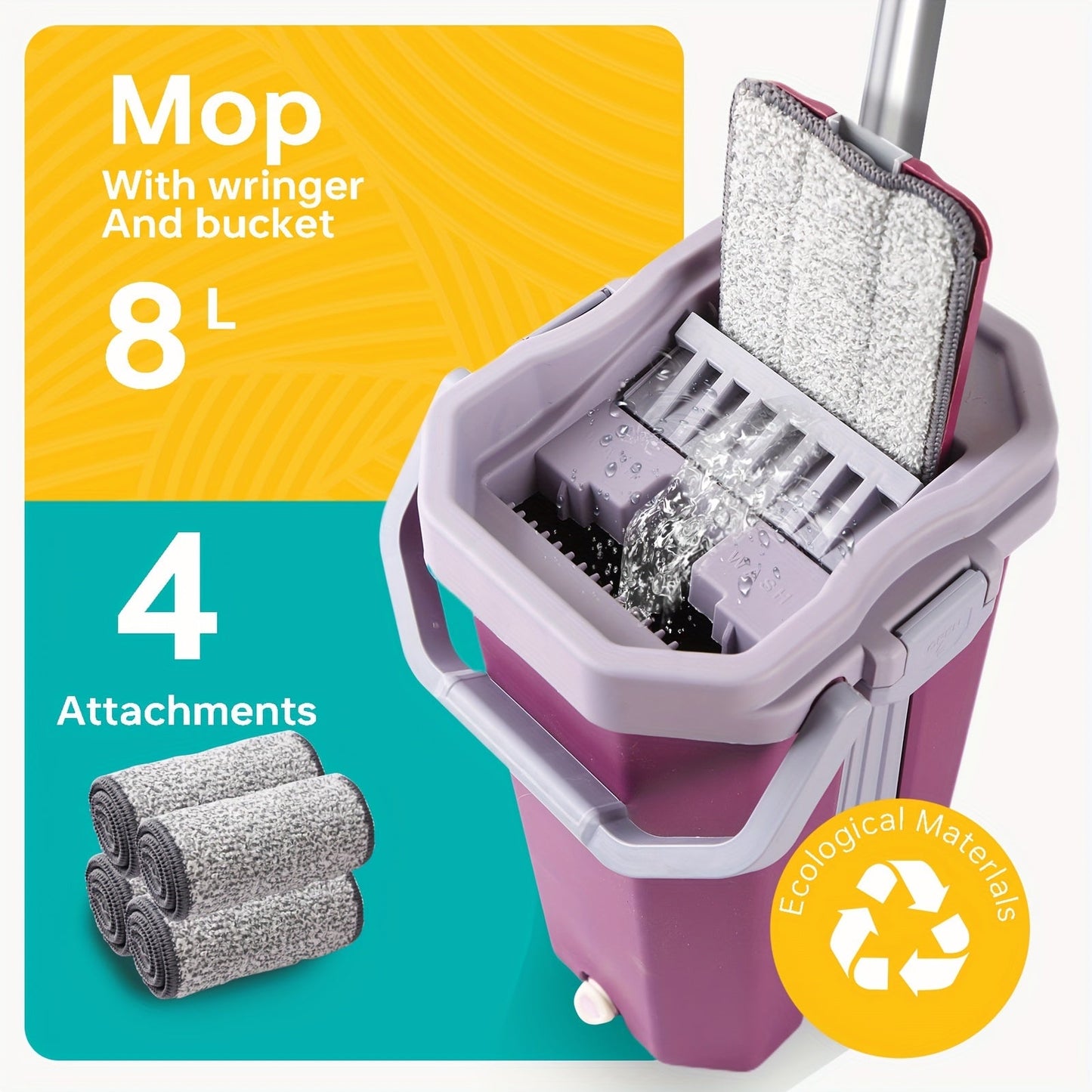 Get your hands on the EcoClean 8L Manual Mop and Bucket Set featuring a wringer. This set includes 2/3/4/6 microfiber pads and requires no electricity. Perfect for cleaning your living room, bedroom, bathroom, kitchen, and floors.