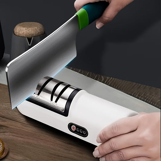 Cop Rose presents a USB rechargeable electric knife sharpener designed for precision sharpening in the kitchen. This compact and automatic gadget features 2-speed adjustment for versatile use. It is a multifunctional household tool and a sharpening stone