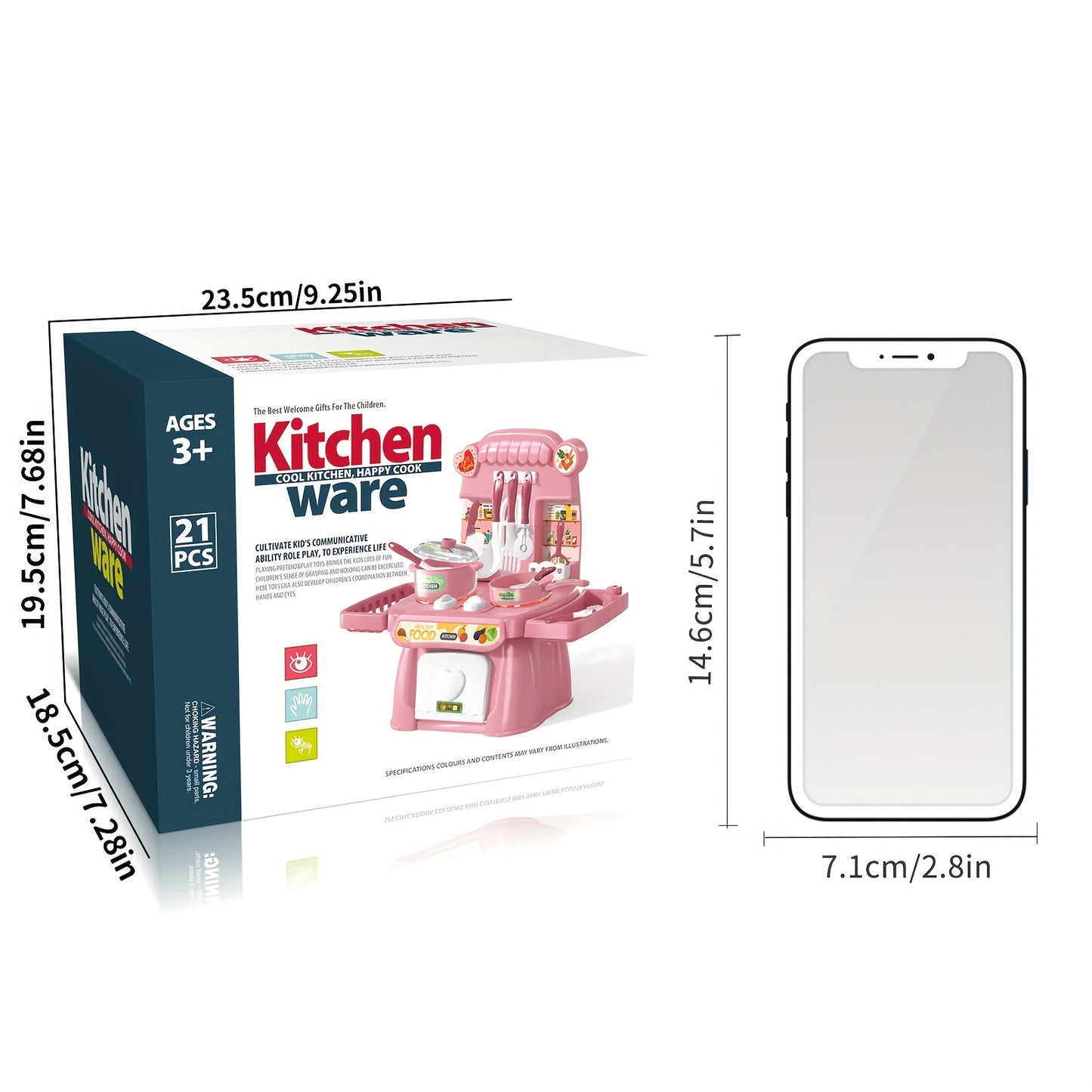 Pink Kids Kitchen toy set with light and sound features, including food and utensils for pretend cooking and chef role play. Fun and stress-relieving toy.