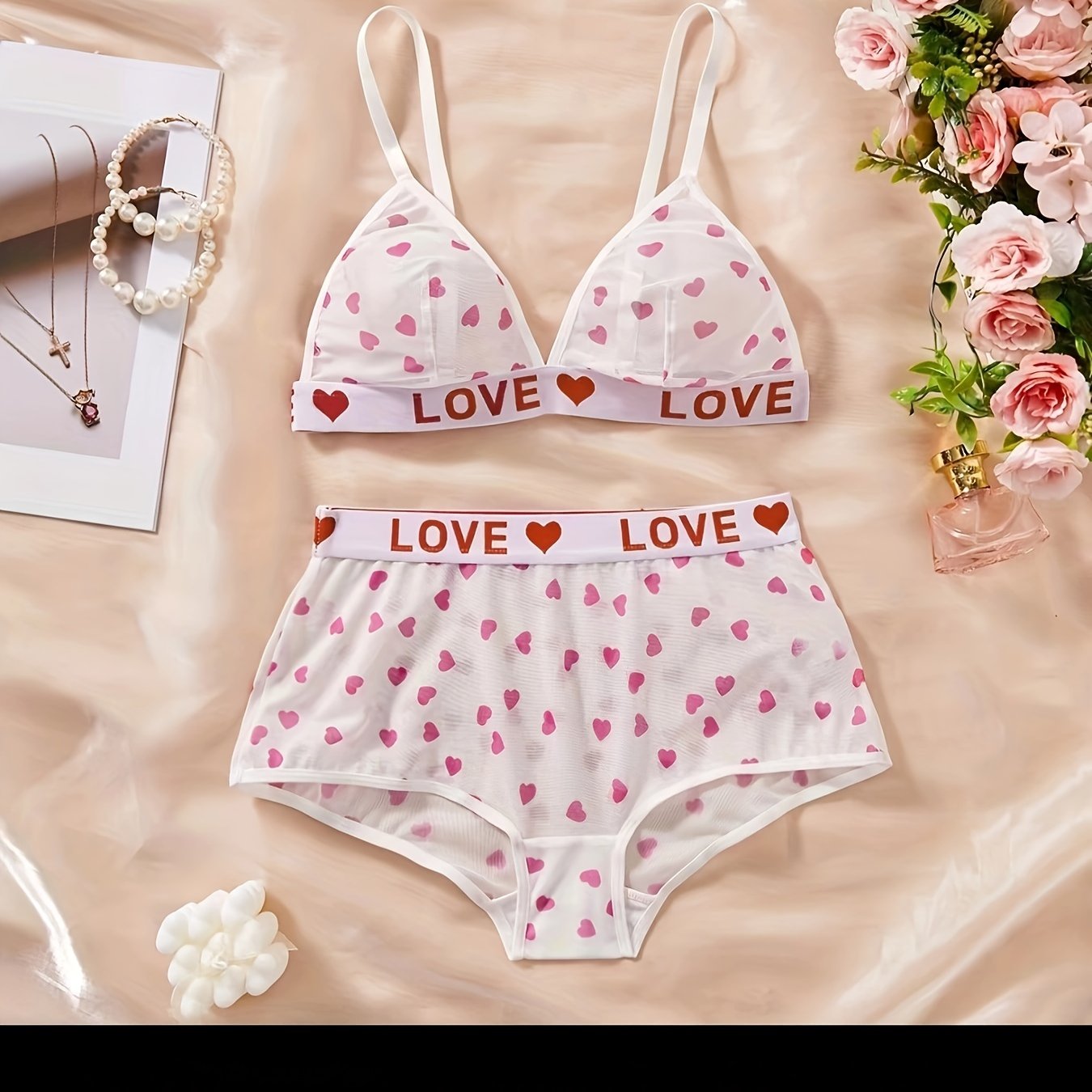 Spaghetti Strap Heart Letter Lingerie Set, Sexy Women's Intimates