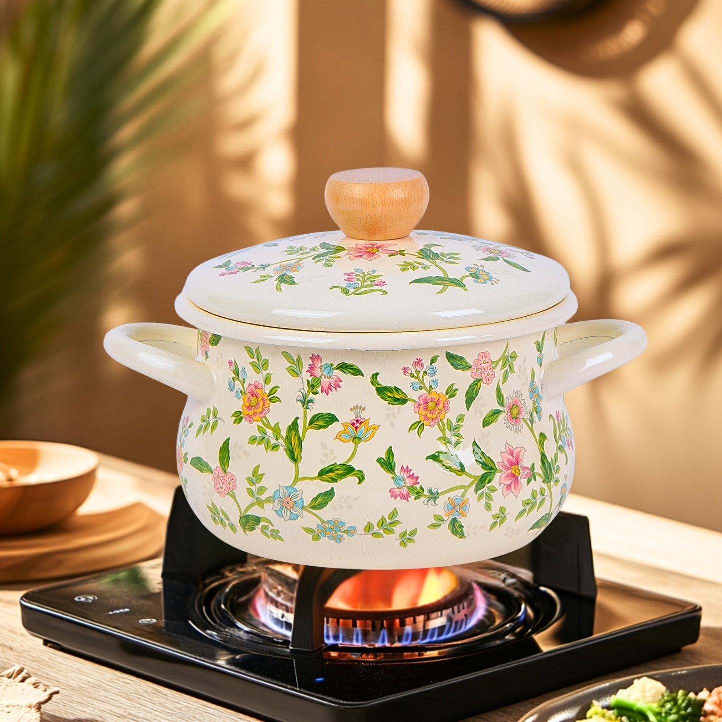 Floral Soup Pot with Enamel Finish and Rolled Edges - Perfect for both Open Fire and Induction Cooktops, Ideal for a Fresh Cooking Adventure