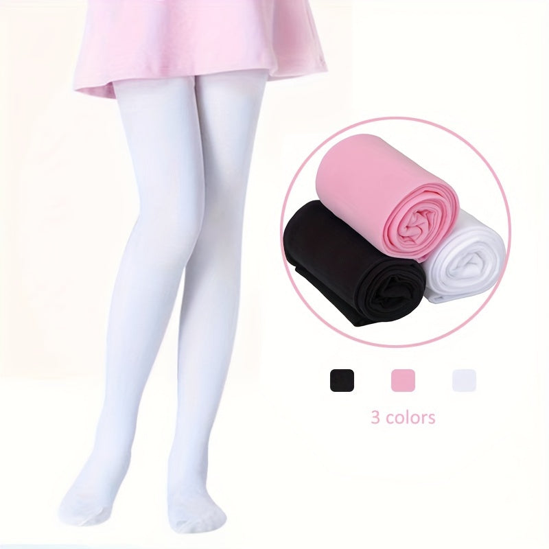 Girls' velvet solid color leggings tights in pink, black, and white. Ideal for ballet dance and casual wear. Stretchy and comfortable, made with a nylon spandex blend. Glossy finish for a